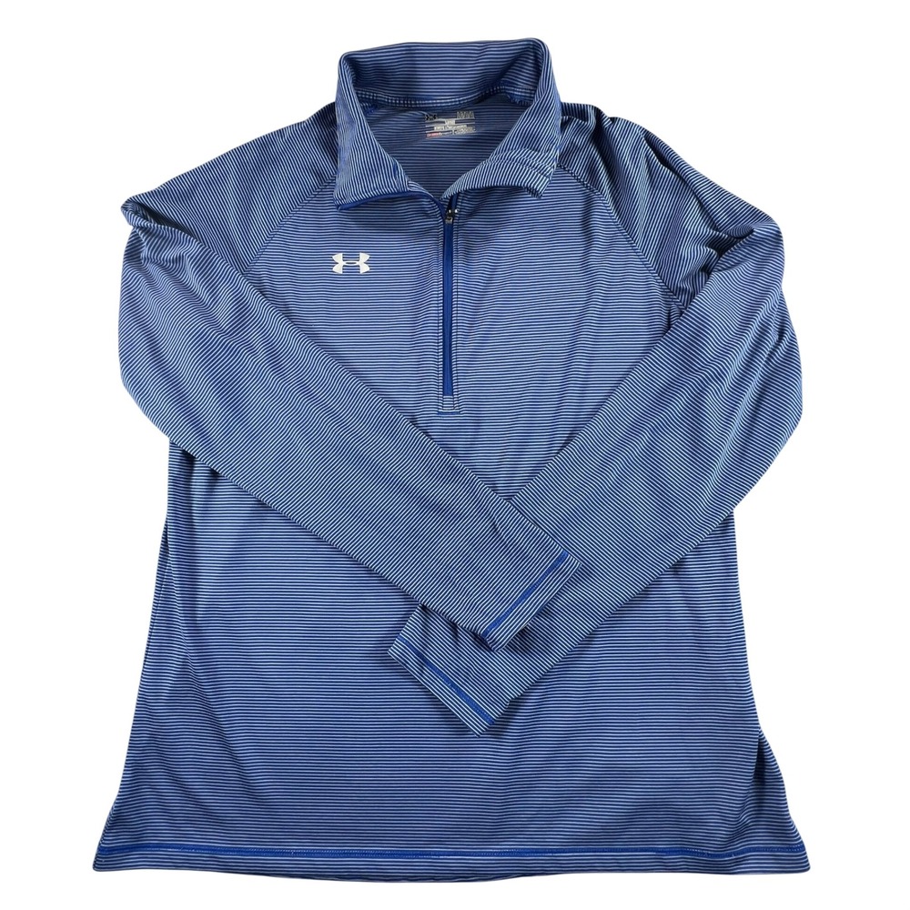 Under Armour HeatGear Mens Large Blue Striped 1/4 Zip Pullover Shirt 1276211